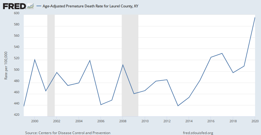 Age-Adjusted Premature Death Rate for Laurel County, KY (CDC20N2UAA021125) | FRED | St. Louis Fed
